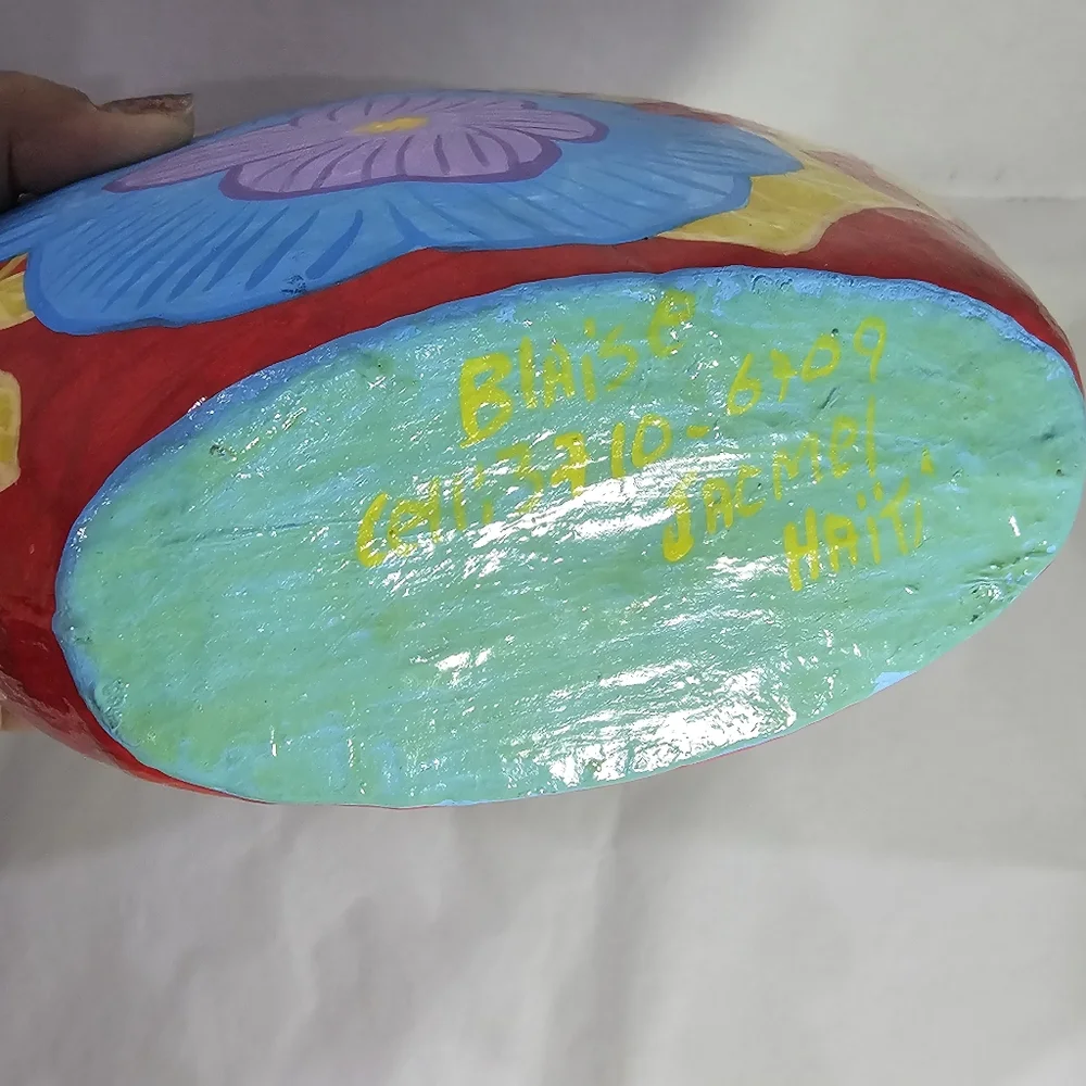 Folk Art Papier Mache Vase Haiti Signed Paper Mache Hand Painted Haitian Blaise